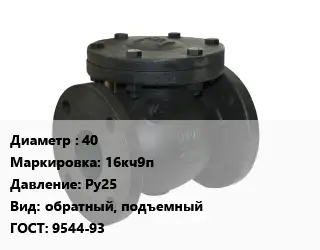 Клапан чугунный 40 16кч9п Ру25 обратный, подъемный 9544-93